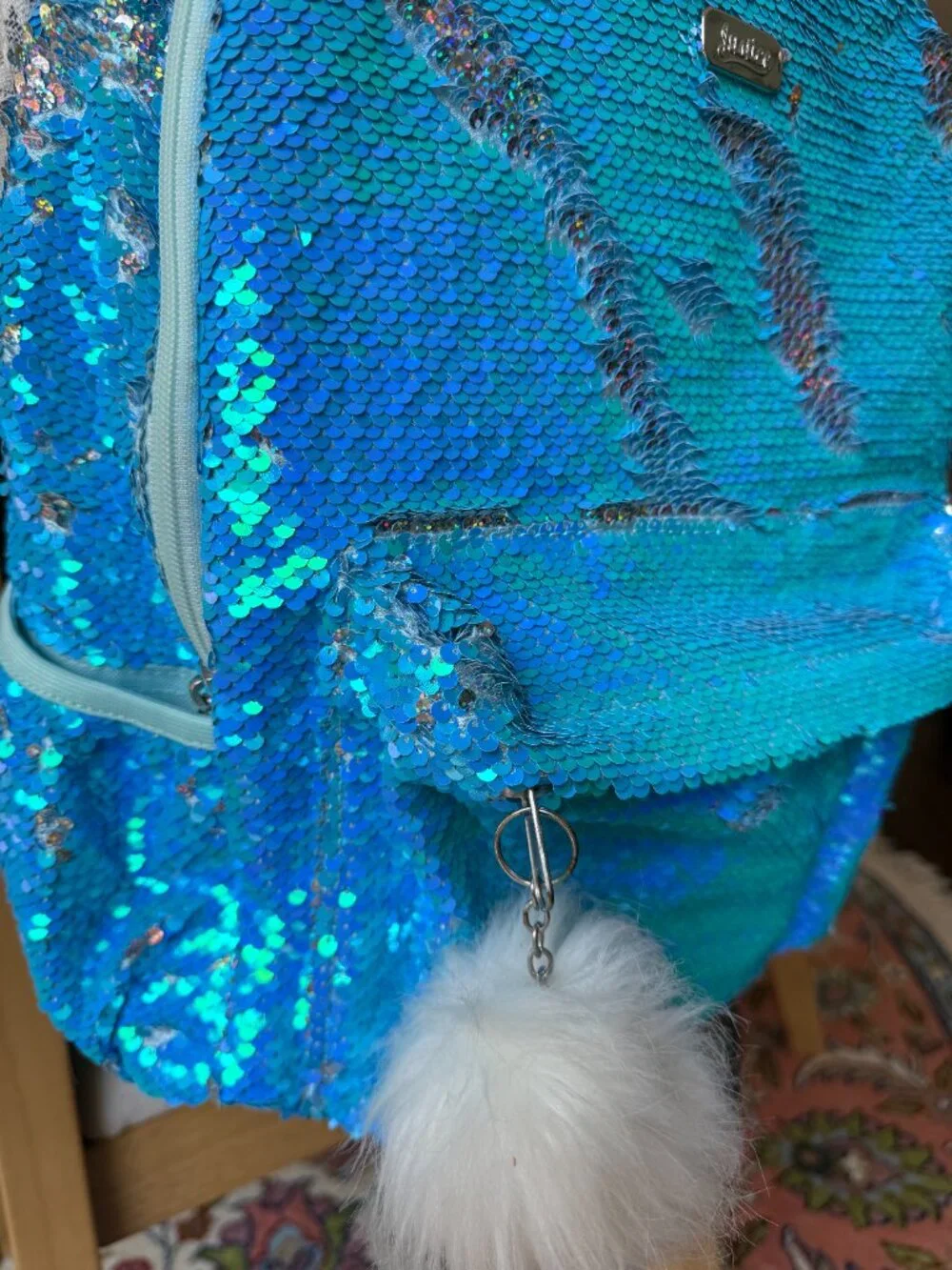 Justice Aqua Blue Holographic Flip Sequin Backpack with Fluffy Pom Charm
